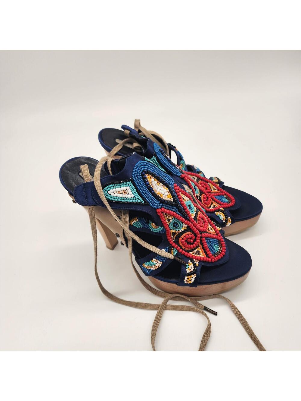Stella McCartney Multi Color Beaded Blue Satin High Leg Lug Sole Sandal Sz 36.5 - Picture 8 of 8